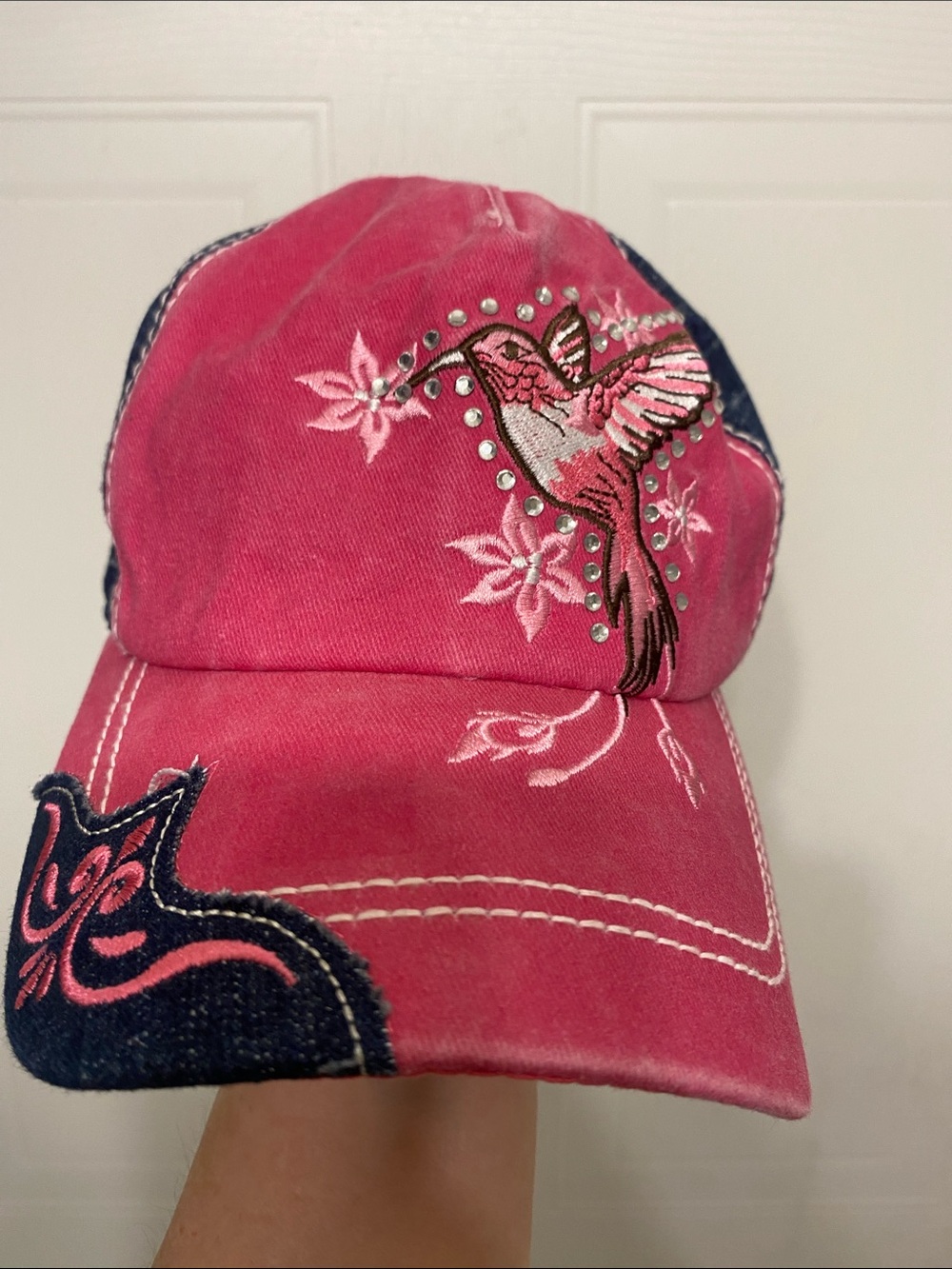 Pink Hummingbird Embroidered Baseball Cap - Women's Accessories